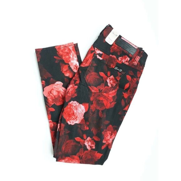 SEVEN7 Jeans REGULAR Floral SKINNY Slim RED FLORAL Pants FAUX Front POCKETS 2 - Picture 3 of 3